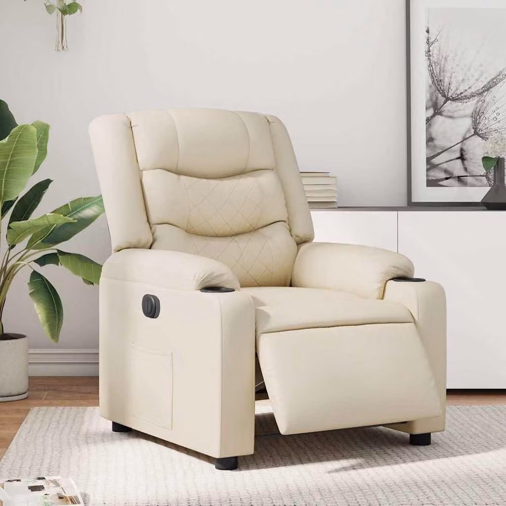 Poltrona reclinabile elettrica per televisione - Poltrona relax - Poltrona - Colore crema - Rivestimento in ecopelle - Sistema di inclinazione elettrico
