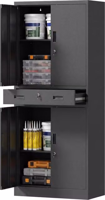 Armadio Portautensili in Metallo 180 cm con Ante con Serratura Cassetto e Ripiani Regolabili da Officina Nero