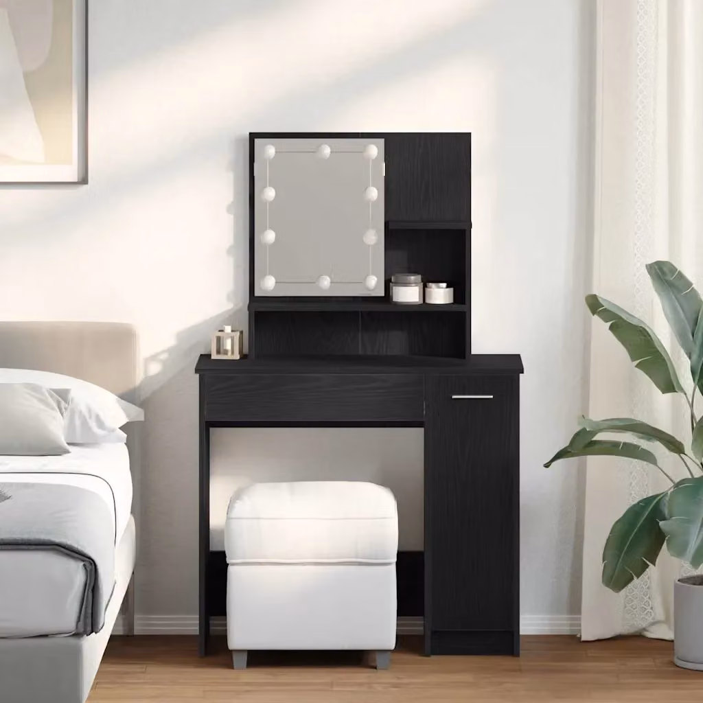 Tavolo da Trucco Moderno con Cassetto e LED in Rovere Nero L: 86,5 cm, P: 35 cm, H: 136 cm CFW8291037 – 2
