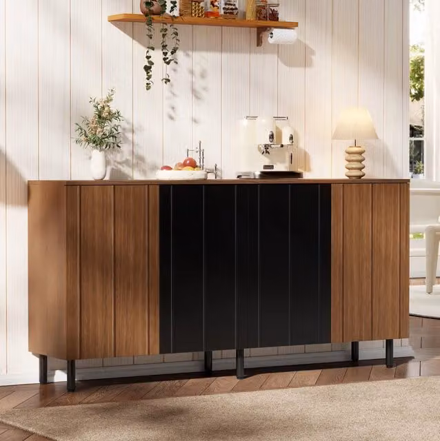 Buffet soggiorno 160x35x80 cm in truciolare effetto noce e nero; con 4 ante e ripiani regolabili