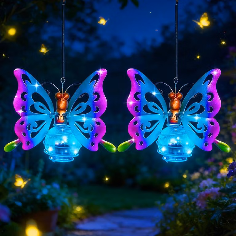 Lampade a forma di farfalla solari, set da 2, da appendere, grado di protezione IP44, per giardino e terrazza