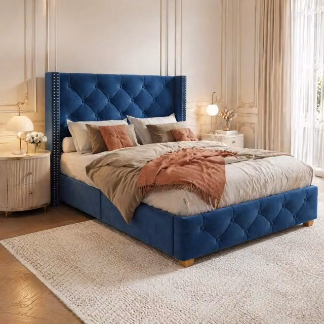 Letto singolo imbottito 90 × 200 cm con rete a doghe e testiera in velluto blu con bottoni e borchie