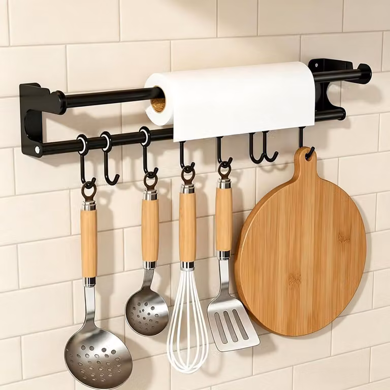 Portaoggetti da parete per cucina, 50 cm, con 8 ganci regolabili, Acciaio al carbonio, ideale per utensili da cucina
