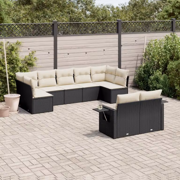 Set di divani da giardino vidaXL in polyrattan nero con 9 pezzi e cuscini inclusi