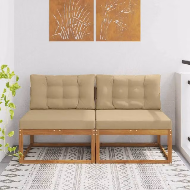 Divano componibile da esterno in legno di acacia con cuscini, colore beige e marrone, design moderno per giardino o terrazza