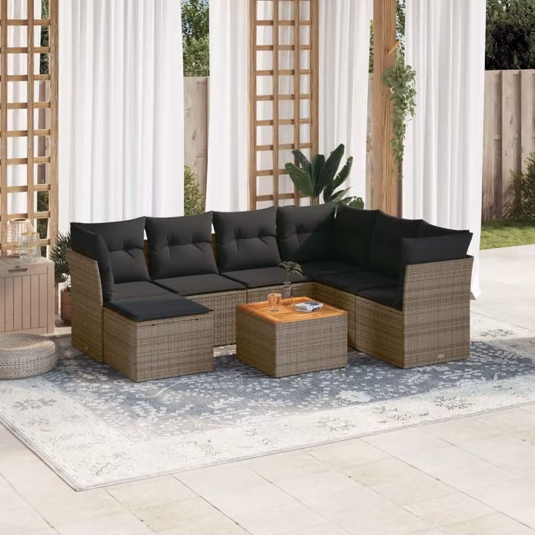 vidaXL Set Divano da Giardino a L 8 pz in Polyrattan Grigio con Cuscini e Tavolino