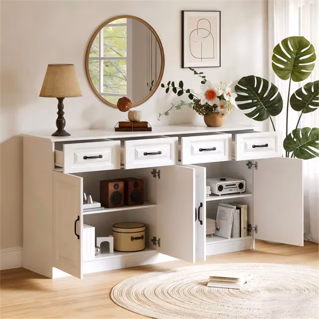 Credenza bianca in MDF 160 x 35 x 80 cm con 4 cassetti e 4 ante