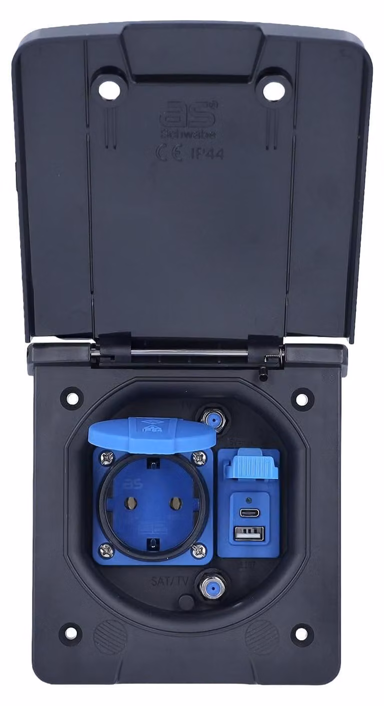 presa esterna per caravan Schwabe, con porte USB-C e USB-A