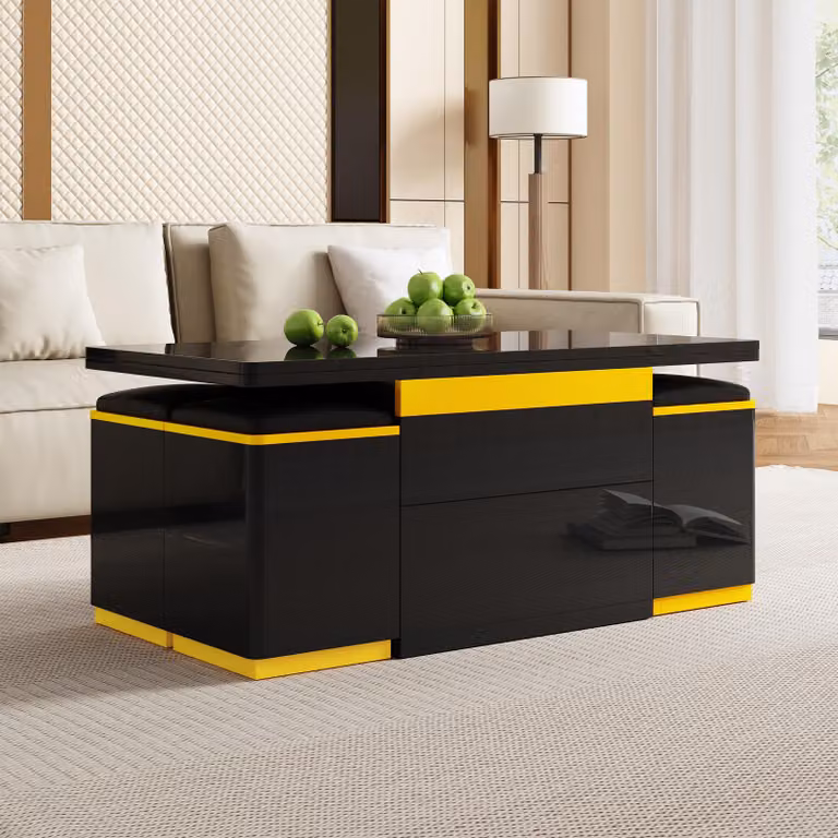 okwish Tavolino moderno con funzione pieghevole e sollevabile, tavolo da pranzo con cassetti e vani portaoggetti aperti, con piano d'appoggio ribaltabile e 4 sgabelli, nero