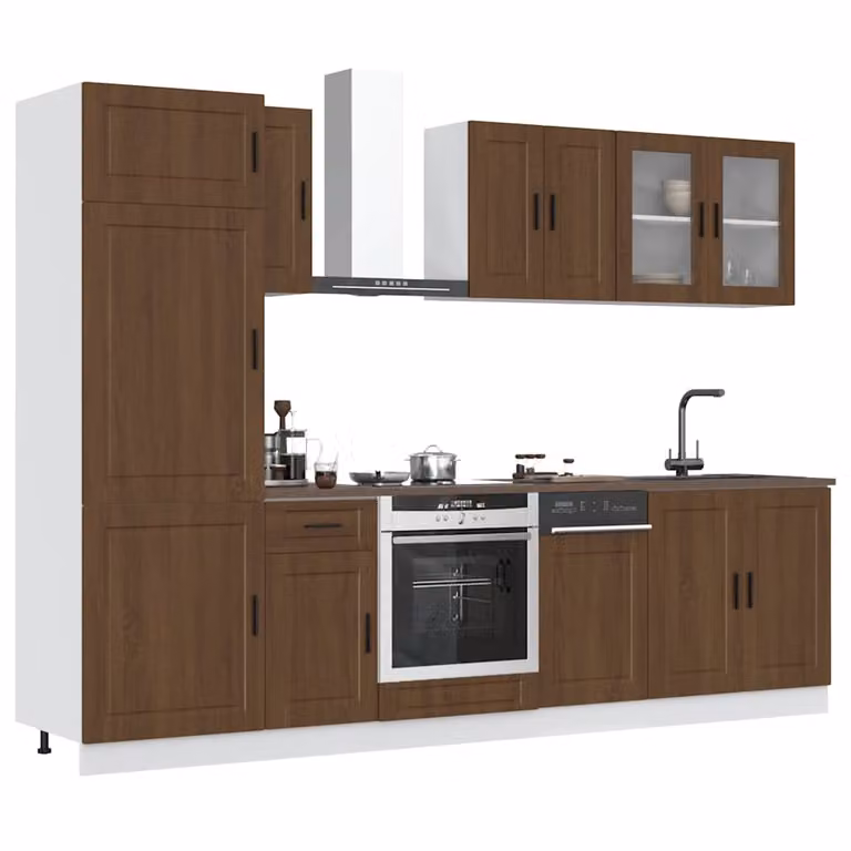 Set di mobili da cucina moderno vidaXL Kalmar composto da 8 pezzi in colore marrone con ante in vetro e ripiani interni, L/P/H: 207 x 60 x 57 cm