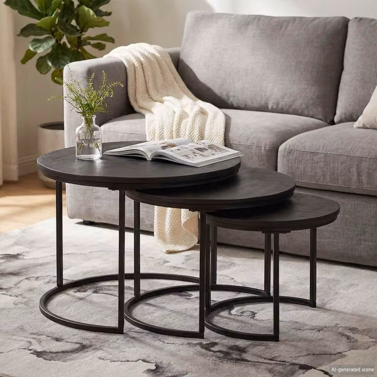 Set di 3 tavolini da caffè nido vidaXL in legno di mango e metallo, design industriale, colore nero, L/P/H: 54 x 54 x 40 cm