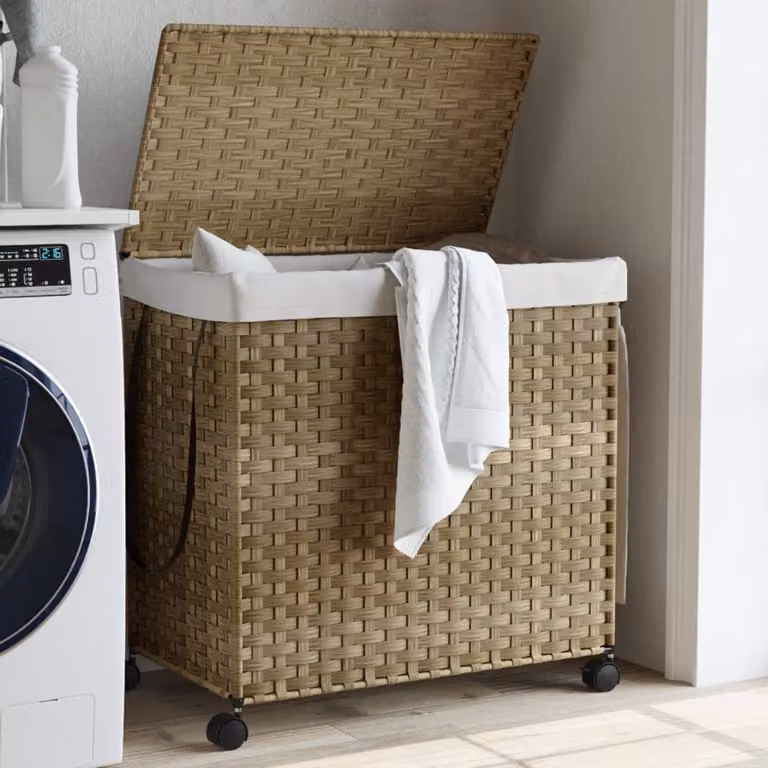Cesto Portabiancheria con Ruote e Coperchio vidaXL in Effetto Rattan con Sacco Rimovibile, L: 60 cm, P: 35 cm, H: 60,5 cm