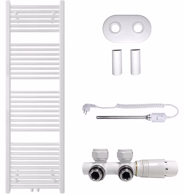 Kit radiatore per bagno Lincoln - sistema di riscaldamento combinato, barra termica - attacco centrale da 50 mm - 300W - bianco lucido - 1600x500 mm