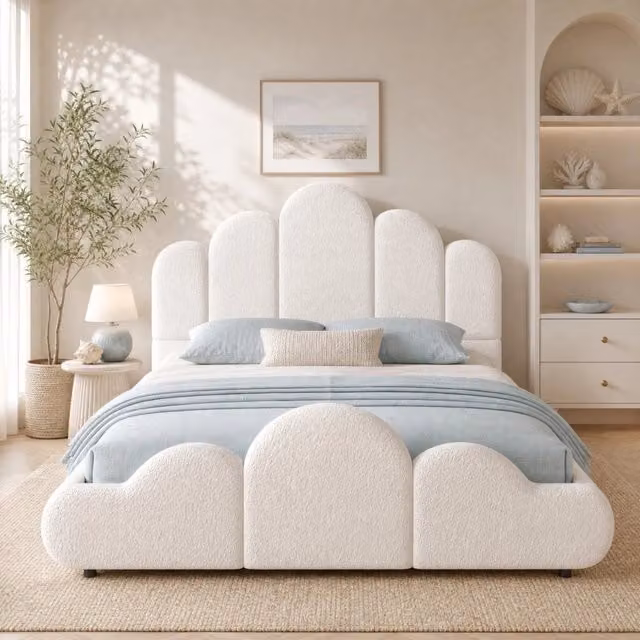 Letto imbottito ULEVR 140x200 cm in boucl¨¦ beige con rete a doghe, testiera e bordi arrotondati
