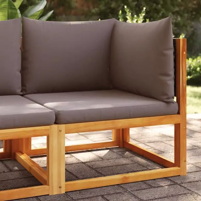 Divano da giardino angolare Design Mania in legno di acacia e rattan con cuscini grigi