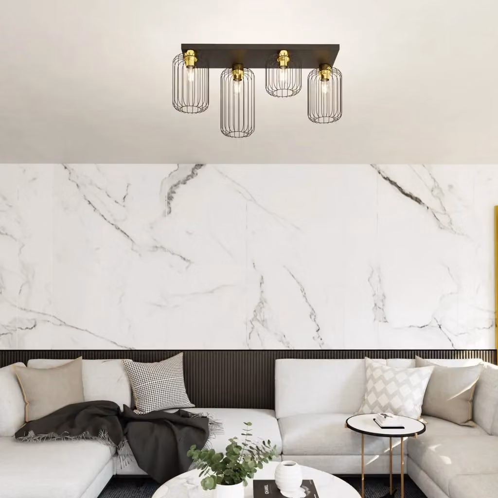 Plafoniera Minimal Industrial Njoror Luceart-Classic con 4 Luci Lineari in Metallo Nera e Oro – 2
