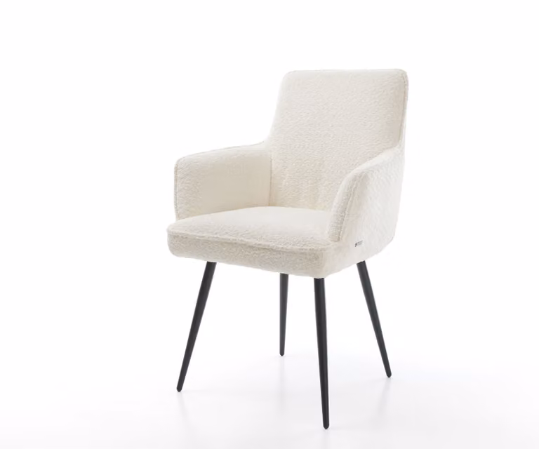 DELIFE Sedia da pranzo Heira-Flex con braccioli, bouclé bianco, base a 4 gambe coniche nere, molle insacchettate