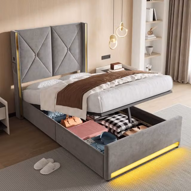 Letto contenitore singolo 90×200 cm con USB, porta Type-C, LED e tasche laterali, senza materasso, in velluto