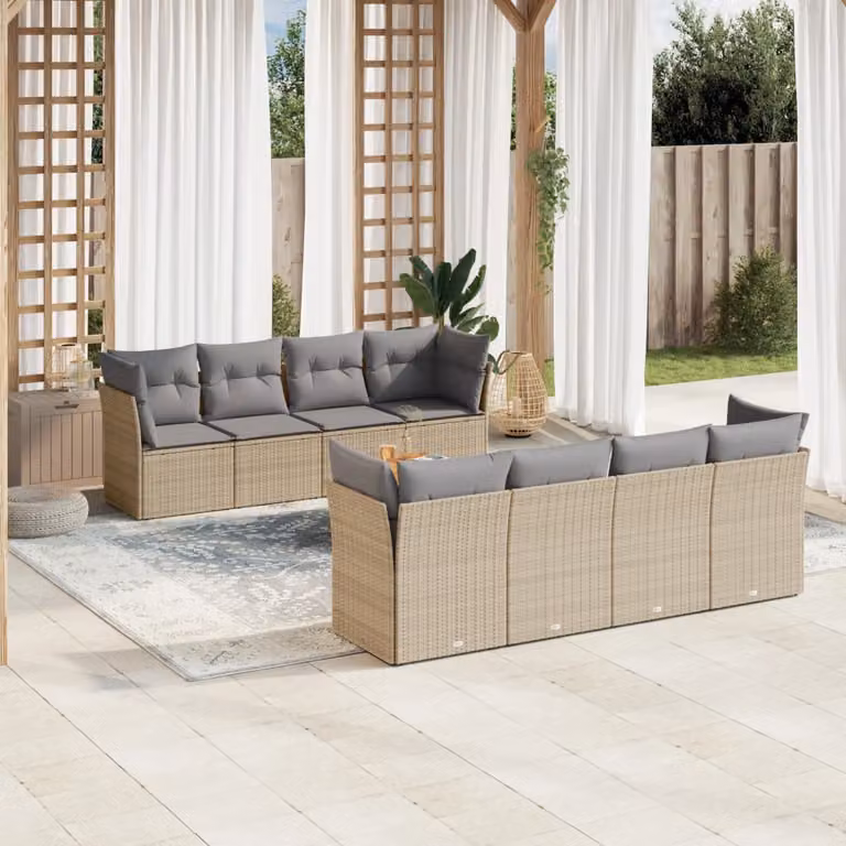 vidaXL Set Divano da Giardino a L 9 pz in Polyrattan con Cuscini Beige e Tavolino da Esterno