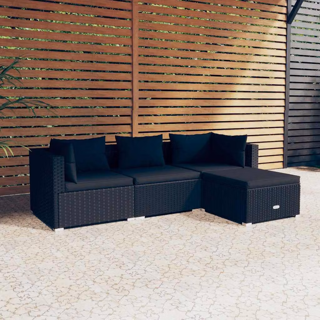 Set di divani da giardino vidaXL a forma di L con cuscini e pouf, colore nero