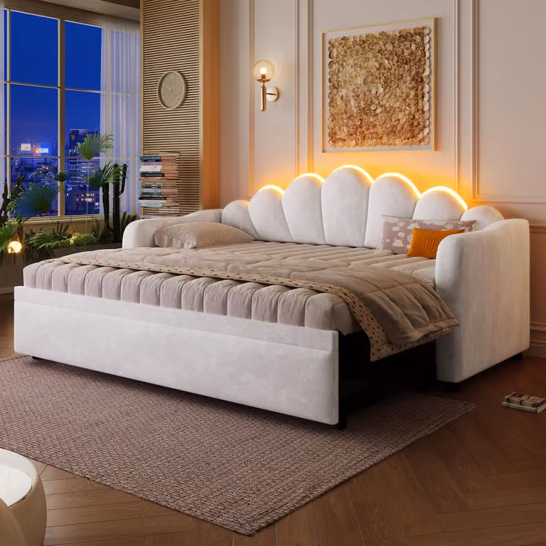 Divano letto Flieks 90x200 cm con letto estraibile, divano letto imbottito in pelle, divano letto con braccioli e schienale, divano letto in velluto, bianco