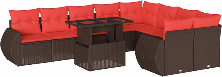 Set Divani da Giardino 10 pz con Cuscini Marrone in Polyrattan
