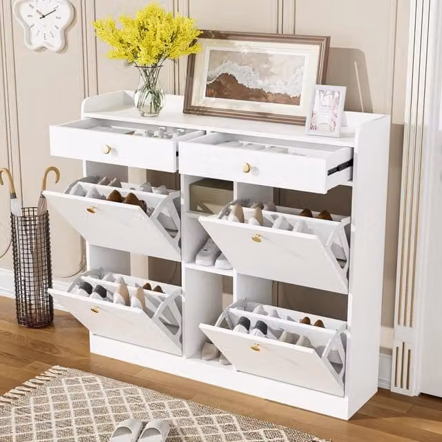 Scarpiera REDOM Bianca in MDF con 4 ante ribaltabili e cassetti L: 110 cm, P: 26 cm, H: 100 cm