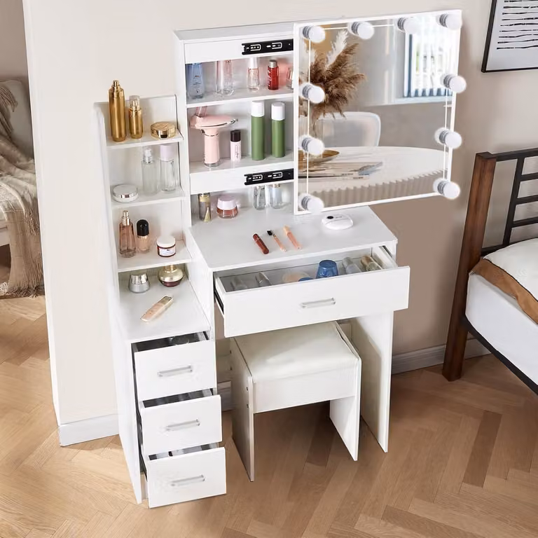 Comò da trucco con illuminazione, specchio scorrevole, 4 cassetti, 6 ripiani, sgabello, colore bianco, dimensioni 36x83x139 cm