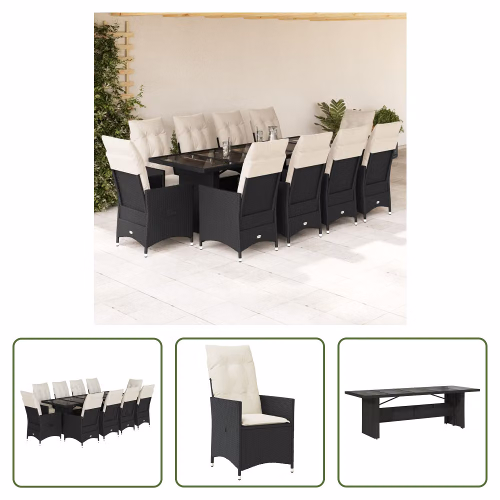 The Living Store Set bistrot da giardino da 11 pezzi con cuscini in poly rattan nero