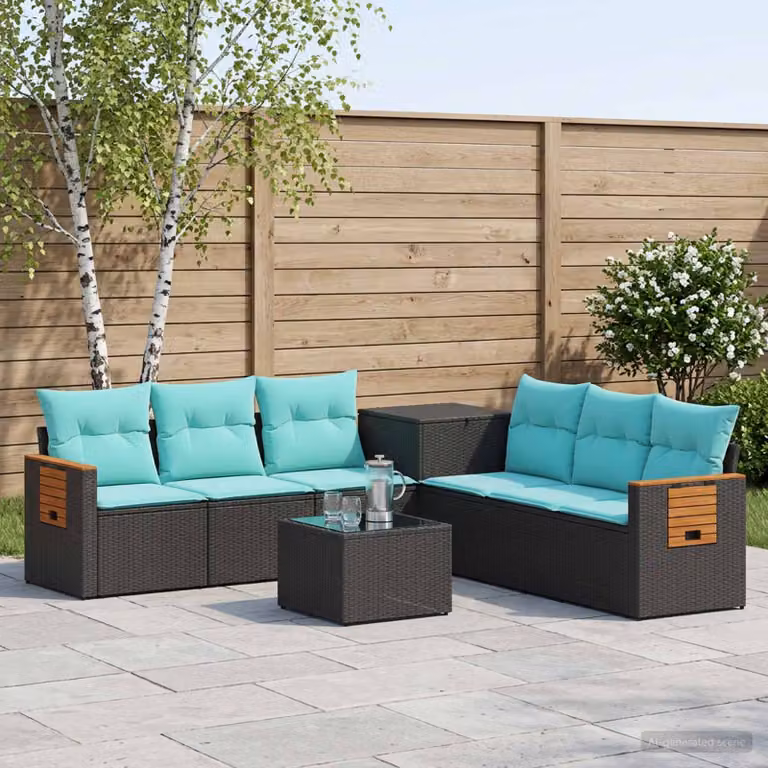 Set di divani da giardino vidaXL a forma di U composto da 8 pezzi con tavolino e cuscini, colore nero e blu, in rattan sintetico e acciaio verniciato a polvere