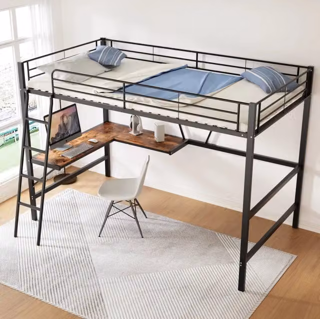 Letto a soppalco 90x200 cm con scrivania a L e mensola; metallo e MDF; nero