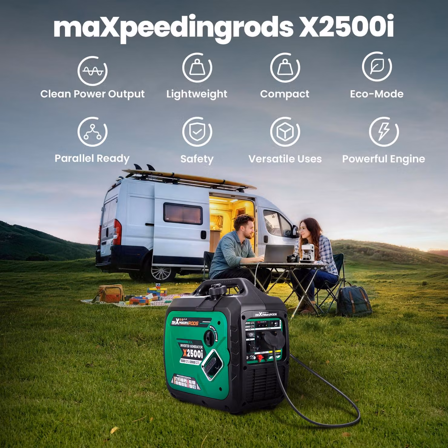 Generatore inverter, potenza massima: 2000W, potenza nominale: 1800W, tipo di carburante: benzina, dimensioni: 46 x 29 x 45,5 cm, funzionamento silenzioso: 60 dB