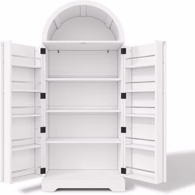 Vetrina bianca curva in MDF 165×70×40 cm con ripiani e vano superiore aperto per cucina e soggiorno
