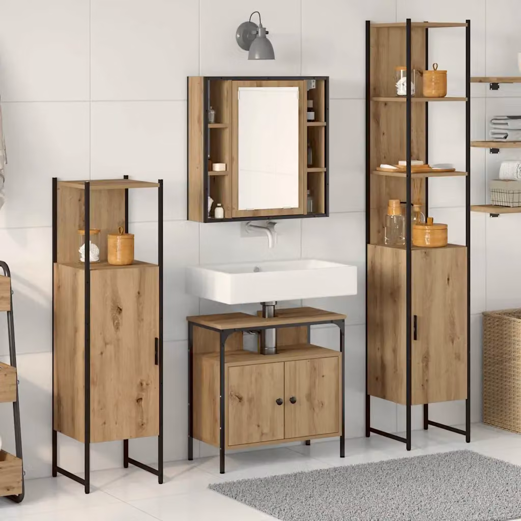 Set di mobili per il bagno moderno vidaXL composto da 4 pezzi in legno e metallo, include armadietto con specchio e mobile sottolavabo, colore marrone beige e nero, H 185,5 x L 61,56 x P 33,0 cm