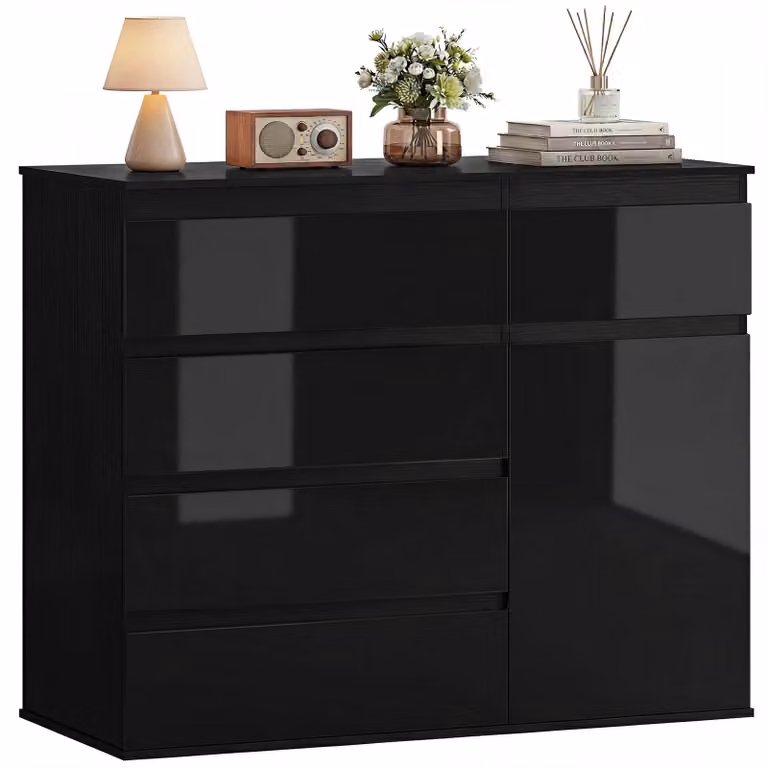 Mobile contenitore - Comodino con 5 cassetti - Ripiano interno regolabile - Porta con sistema di chiusura ammortizzata - Legno - Nero - 100 x 40 x 80 cm
