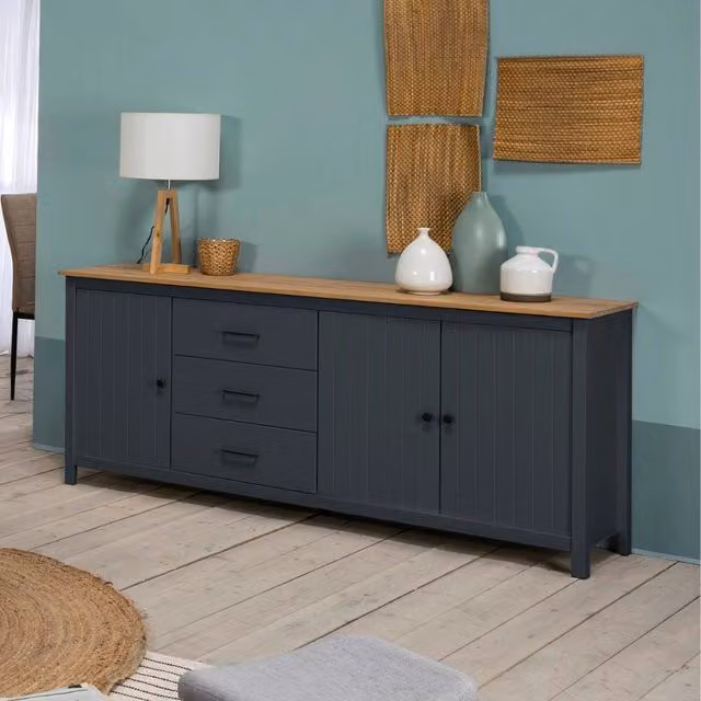 Credenza Miranda in legno massiccio colore blu e pino 191x40x80H - 3 Ante e 3 cassetti