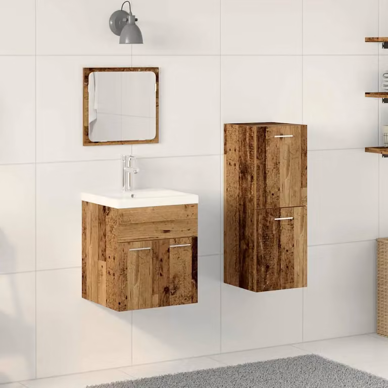 Set di mobili per il bagno moderno vidaXL in legno e metallo marrone e argento, composto da mobile lavabo e pensile a muro