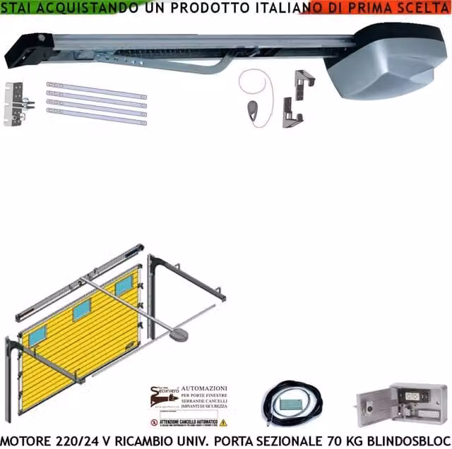 Kit Motore per Porta Sezionale Securvera da Soffitto, 220/24 V, Carico 70 Kg, Colore Grigio, con Binario 3 MT, Radiocomando, Catena in Acciaio e Sistema Autoblock