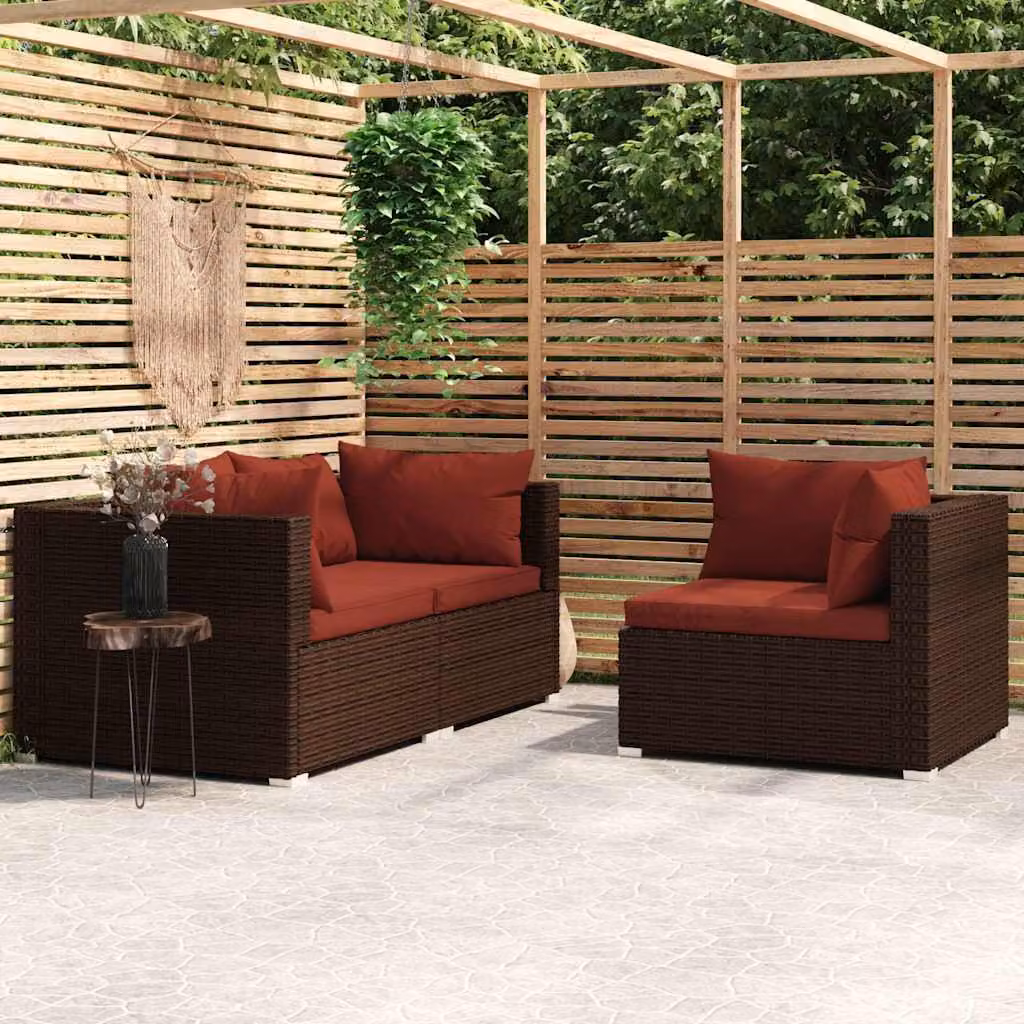 Set di divani da giardino a L vidaXL in rattan marrone con cuscini e struttura in metallo