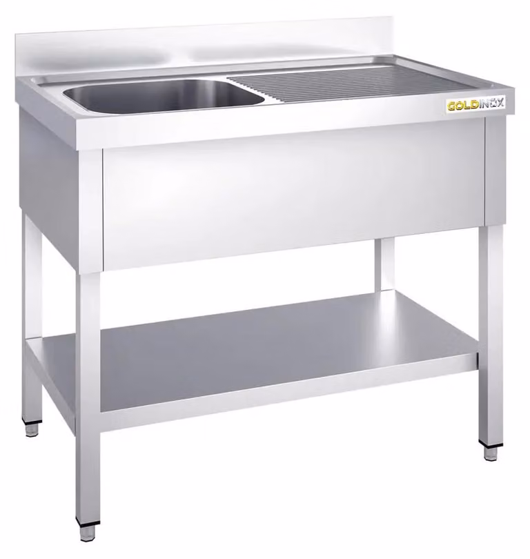 Lavello in acciaio inossidabile, dimensioni 1000x600 mm, con un vano a sinistra e un sistema di scolo a destra, linea PREMIUM - GOLDINOX