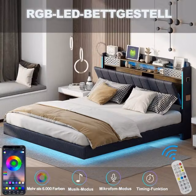 Letto matrimoniale 140 × 200 cm con LED, USB, testiera contenitore e tasche laterali, senza materasso, grigio