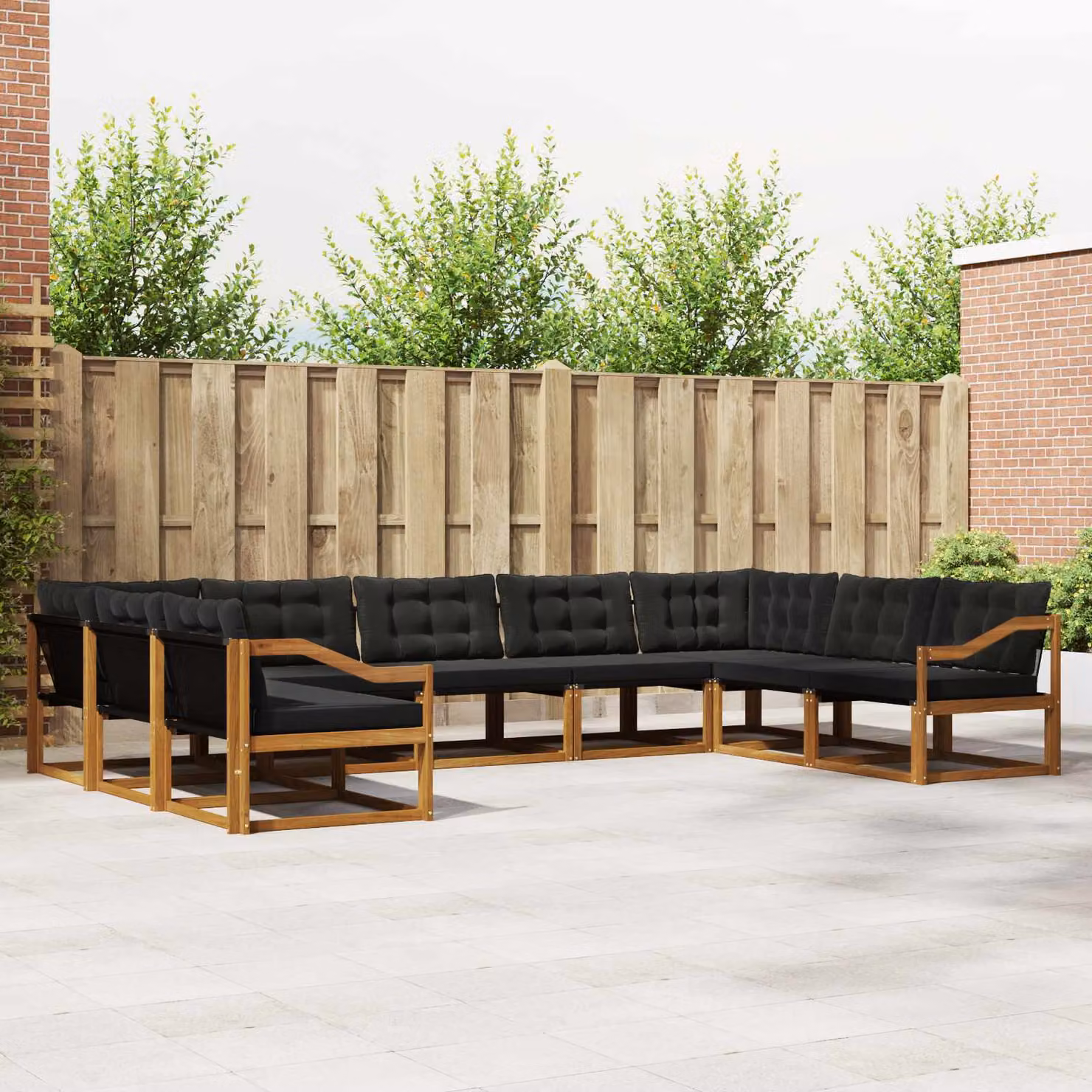 Set di divani da esterno vidaXL 9 pz a forma di U in legno di acacia con cuscini in tessuto textilene, colore marrone e nero