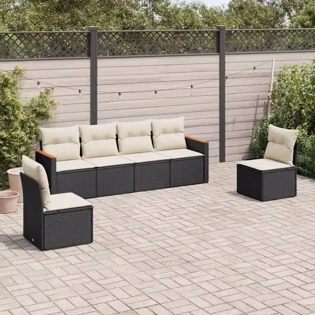 Set Divano da Giardino 6 pz con Cuscini-Sofa da Giardino-Divanetto da esterno Nero in Polyrattan 638096