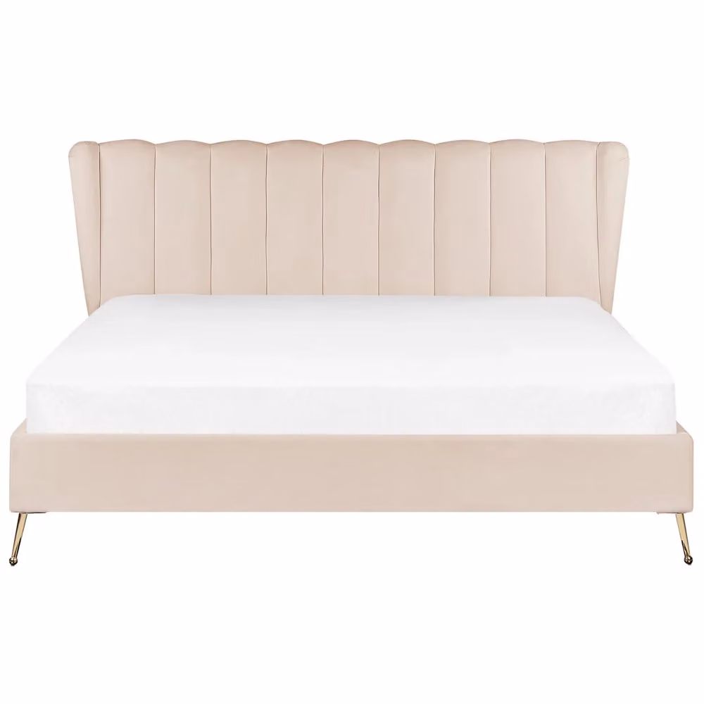 Letto Beliani in velluto beige con gambe in metallo dorato e testata con porta USB, stile moderno glam, L/P: 180 x 200 cm – 2