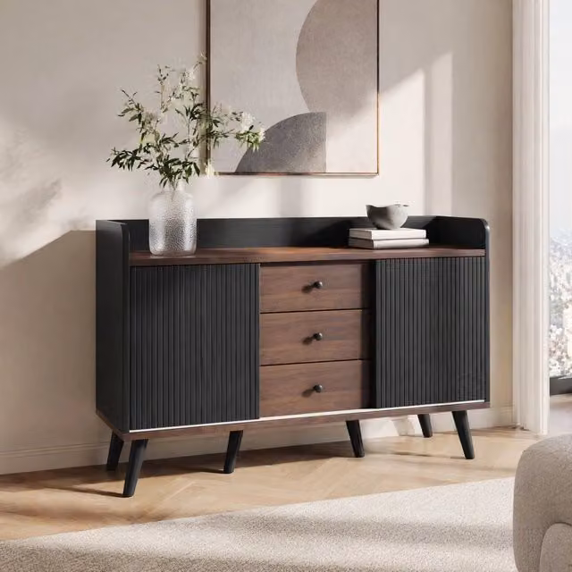 Credenza moderna nera e finitura legno con ante scorrevoli, tre cassetti e ripiani regolabili L/P/H: 80 x 40 x 40 cm