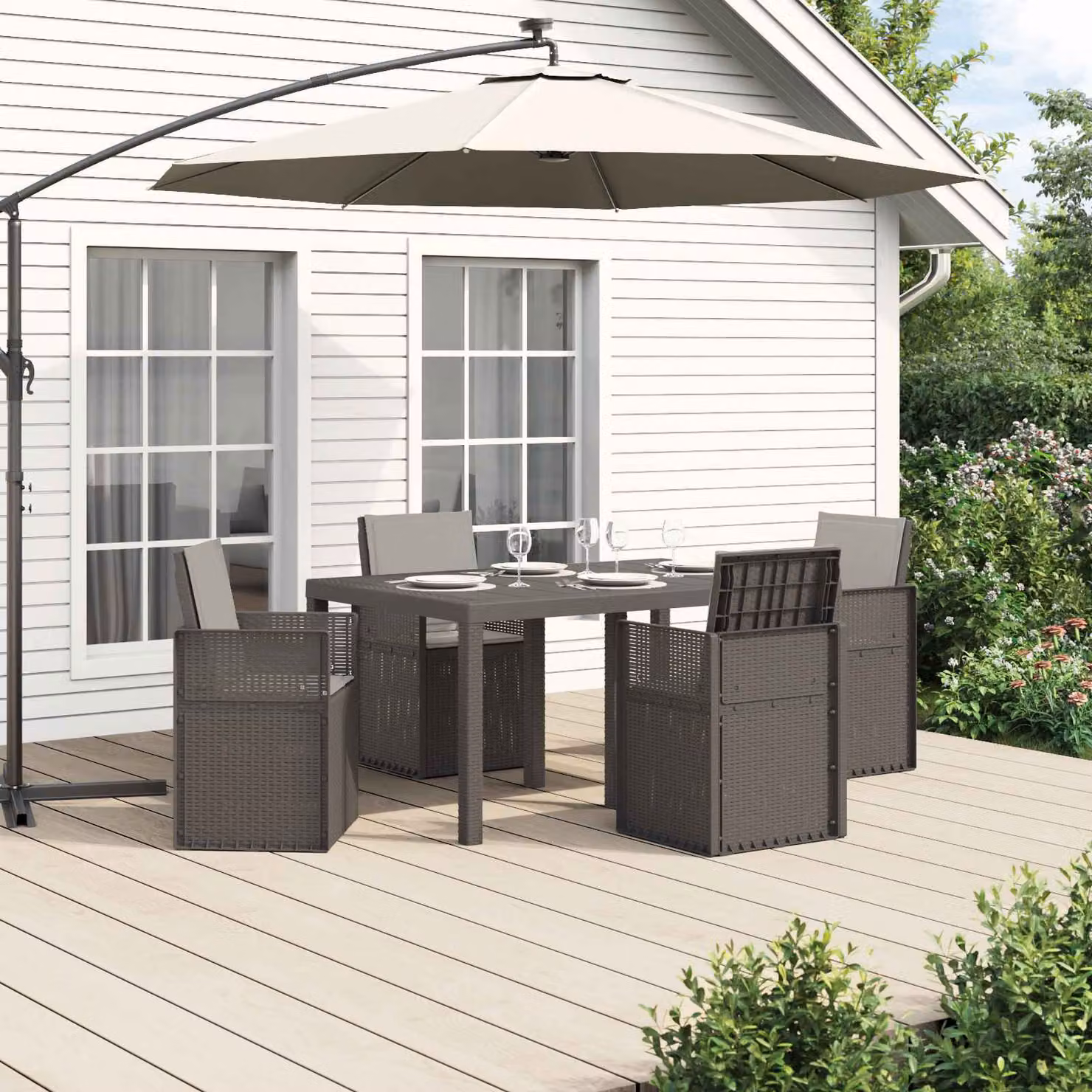 Set da pranzo per giardino e terrazzo vidaXL in plastica grigia, composto da 5 pezzi con tavolo rettangolare e sedie