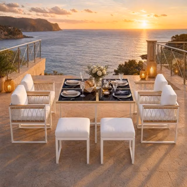Set da pranzo da esterno 7 pezzi con tavolo 117x117 cm; vetro temprato; naturale e bianco