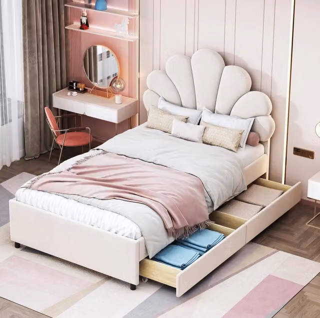 Letto imbottito 90x200 cm beige con testiera a petalo, rete a doghe e 2 cassetti