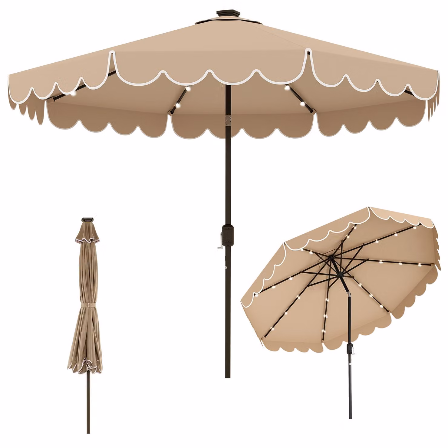 Ombrellone COSTWAY da 300 cm con illuminazione a LED, 8 stecche, manovella e balza, ombrellone da giardino inclinabile di 35° su entrambi i lati, ombrellone da terrazza, ombrellone da mercato, marrone
