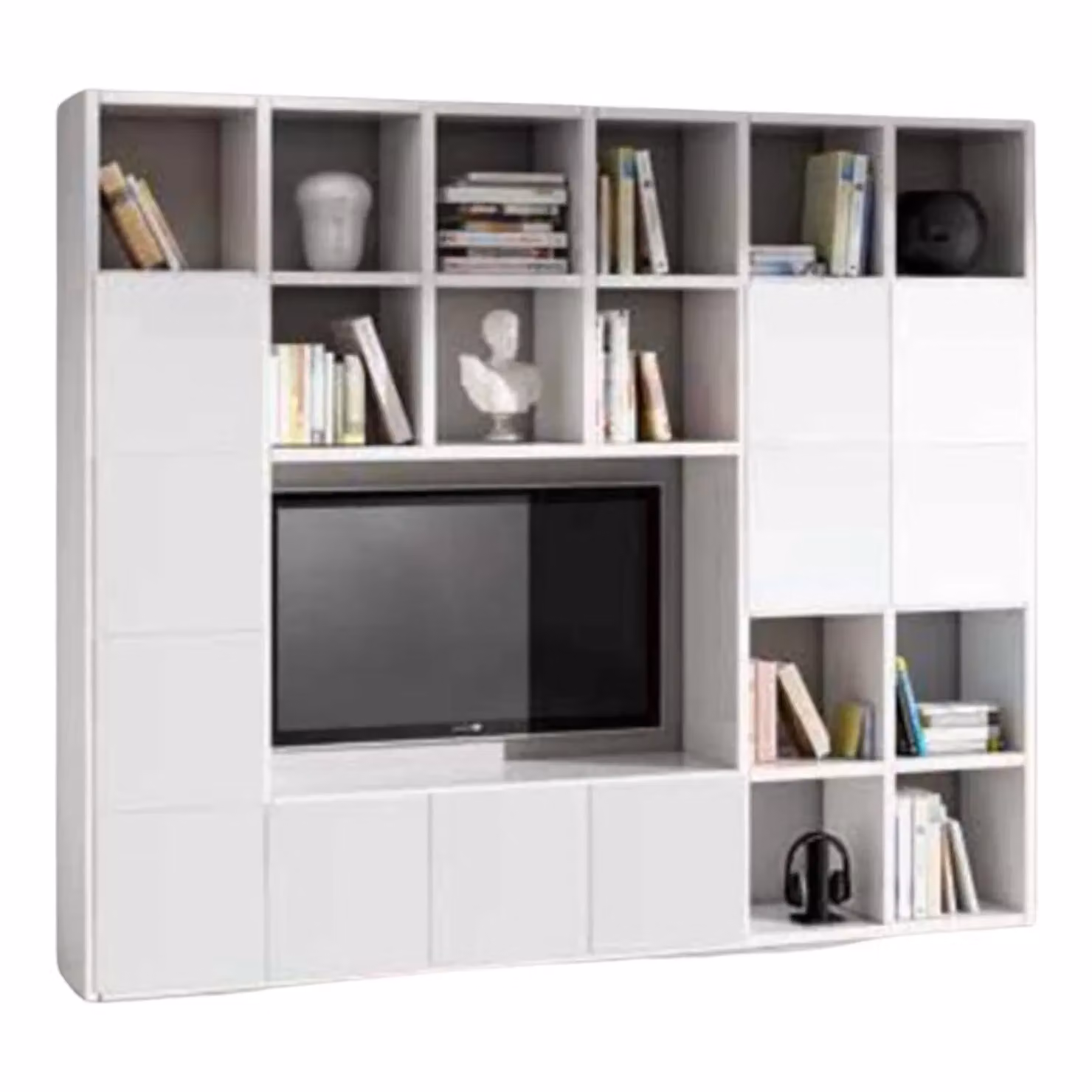Parete attrezzata moderna Mobili 2G in frassino bianco con ripiani aperti e ante, L: 261 cm, P: 30 cm, H: 218 cm – 1